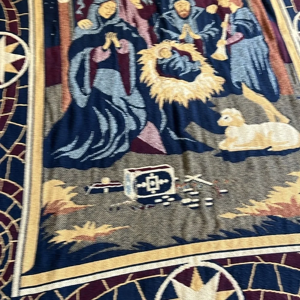 Vintage Tapestry Throw with Nativity Scene Fringed Trim 46X64”